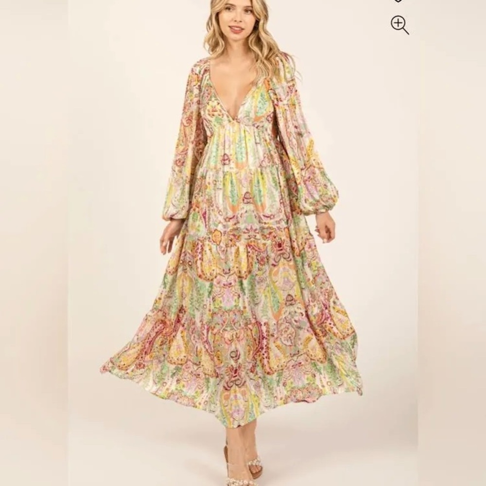 Baevely Multi-Color Floral Metallic Striped Tiered Long Puff Sleeve Maxi Dress